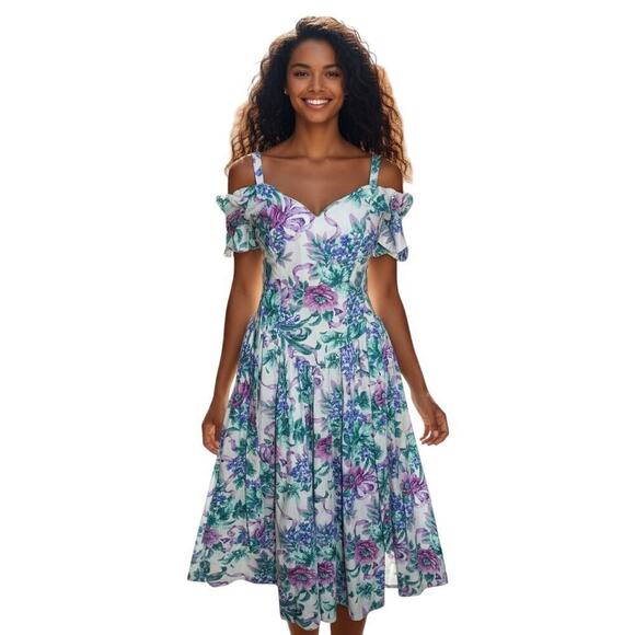 EXPO PETITE Dresses & Skirts - Vintage 80s Expo Petite Cold Shoulder Floral Midi Dress Purple Green Cotton -4